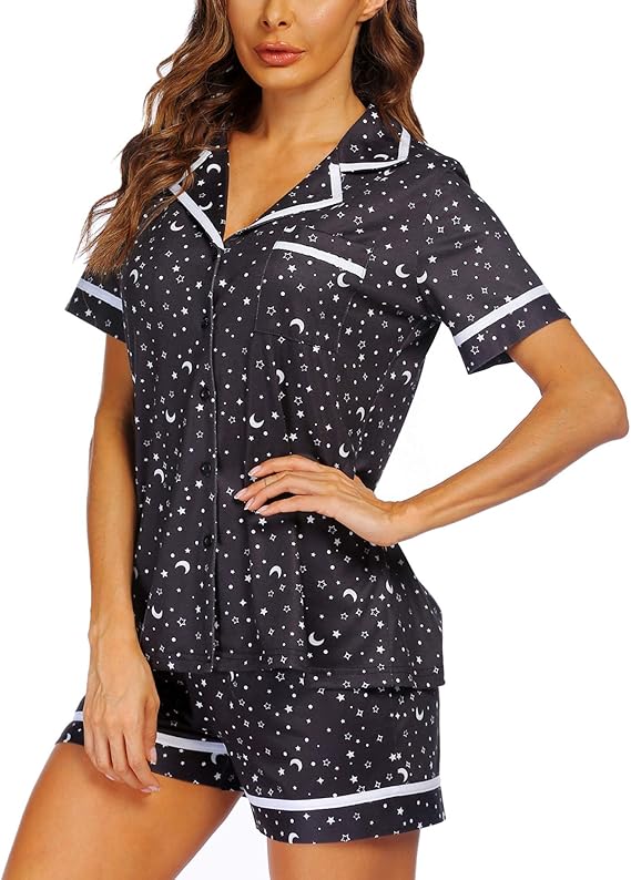 Ekouaer Women's Pajama Sets 2 Piece Short Sleeve Button Down Tops and Pants Pj Set V Neck Sleepwear Loungewear Chest Pocket