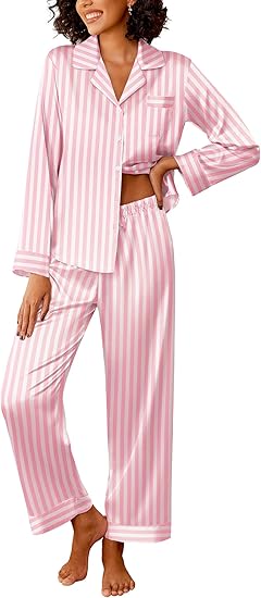 Ekouaer Womens Silk Satin Pajama Sets 2 Piece Sleepwear Pjs Set Long Sleeve Button Down Top and Pants Stripe Loungewear