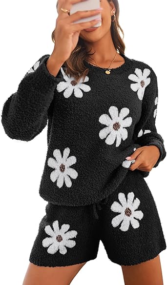 Ekouaer Fuzzy Fleece Pajamas 2 Piece Warm Soft Lounge Set Long Sleeve Sweater Top and Shorts Loungewear Outfits Sweatsuits