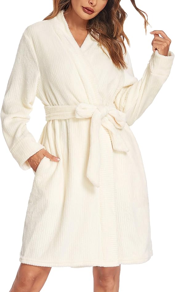 Ekouaer Women Fleece Bathrobe Plush Short Robe Long Sleeve Robe Attached Belt Soft Sleepwear Ladies Loungewear