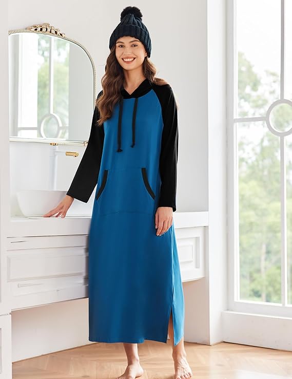 Ekouaer Nightgowns for Women Cotton Nightgown Long Sleeve Hooded Night Gown Contrast Color Full Length Loungewear with Pocket
