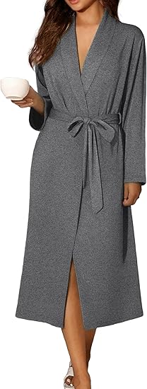 Ekouaer Robes for Women Long Sleeve Knit Bathrobe Soft Lightweight Loungewear Ladies Cotton Sleepwear Grey L