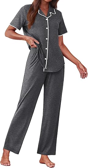 Ekouaer Women's Pajama Sets Button Down Loungewear Short Sleeve Sleepwear 2 Piece Pants Pjs Set with Pockets