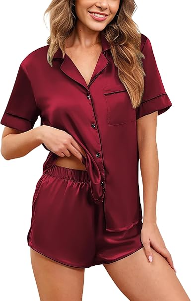 Ekouaer Womens Silk Satin Pajamas Set Short Sleeve Sleepwear Button Down Loungewear 2 Piece Pjs Shorts