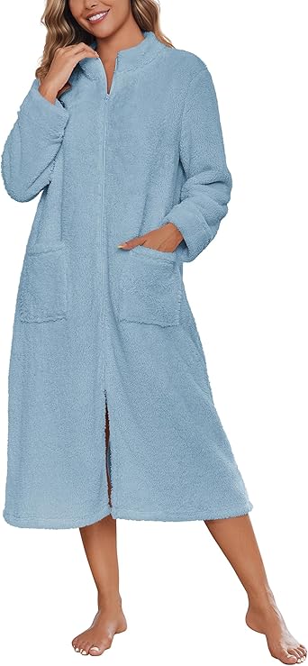 Ekouaer Women Zipper Robe Fleece Long Sleeves Bathrobe Sleepwear Warm Soft Housecoat with Pockets Zip Up House Dresses