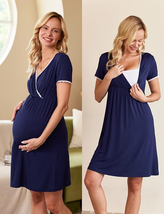 Ekouaer Nursing Nightgown Delivery and Labor Gown for Hospital Short Sleeve Maternity Breastfeeding Dress