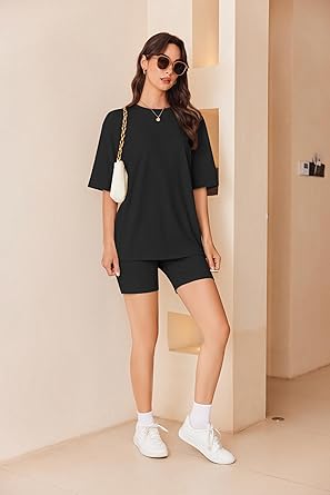 Ekouaer Women Cotton Lounge Sets Summer Outfits T-Shirt Top and Biker Short Set 2 Piece Matching Tracksuit