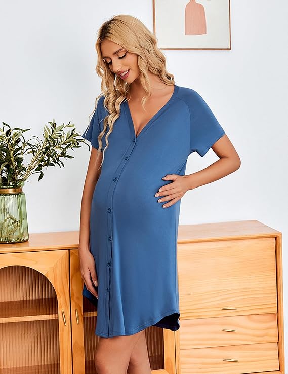 Ekouaer 3 Pack Women's Nightshirt Button Down Nightgown Short Sleeve Sleepshirt V Neck Pajama Dress with Pockets