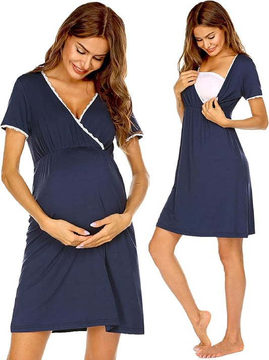 Ekouaer Nursing Nightgown Delivery and Labor Gown for Hospital Short Sleeve Maternity Breastfeeding Dress