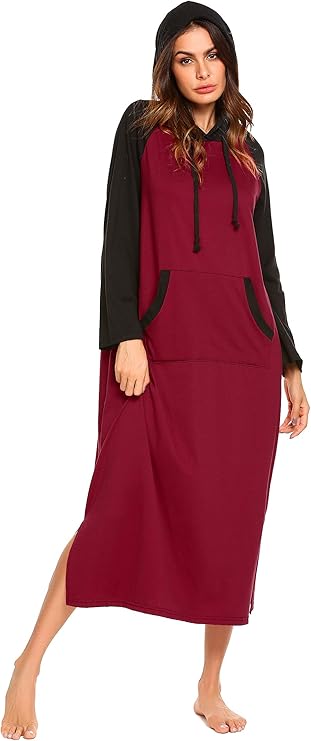 Ekouaer Nightgowns for Women Cotton Nightgown Long Sleeve Hooded Night Gown Contrast Color Full Length Loungewear with Pocket