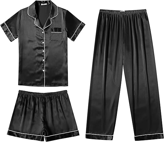 Ekouaer Silk Pajamas for Women Set Satin Pjs Soft Short Sleeve Button Down Sleepwear 3 Piece Loungewear
