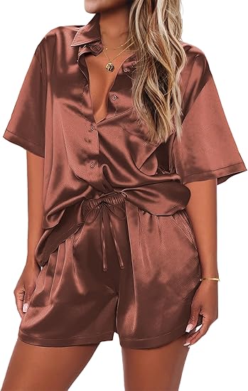 Ekouaer Pajamas for Women Silk Satin Pjs Soft Sleepwear Short Sleeve Button Down Pjs Top and Shorts 2 Piece Lounge Set