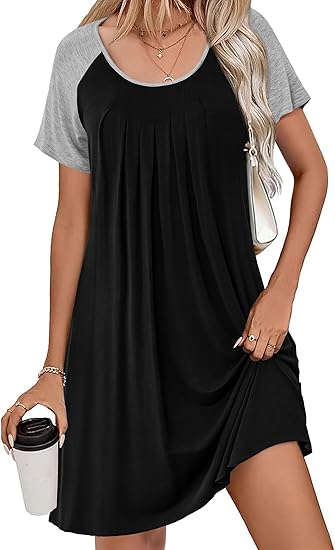 Ekouaer Women's Nightgown Short Sleeve Sleepwear Comfy Sleepshirts Pleated Scoopneck Nightshirt