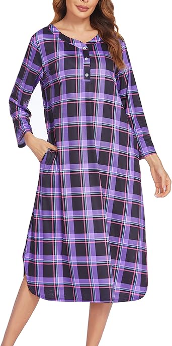 Ekouaer Womens Long Nightgowns Plaid Sleepwear Soft Loose Nightshirt 3/4 Sleeve Plus Size Housecoat with Button & Pockets