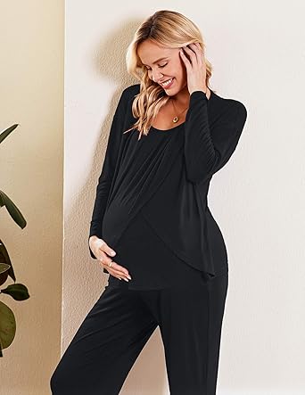 Ekouaer Maternity Nursing Pajama Set Long Sleeve Top & Pants with Pockets Breastfeeding Sleepwear Double Layer Pregnancy