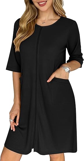 Ekouaer Zip Up Robes for Women Short Waffle Bathrobe Lightweight Knee Length Housecoat with Pockets Nightgown