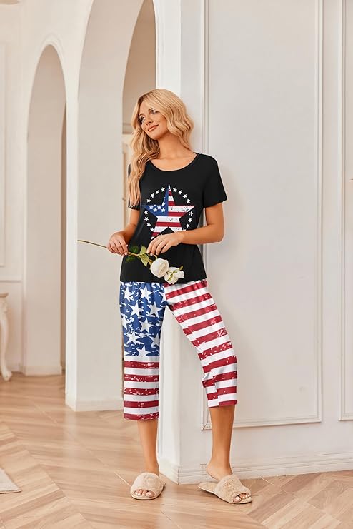 Ekouaer Pajamas for Women Set Short Sleeve Sleepwear Tops with Capri Pants Prints Funny Two Piece Pj Set