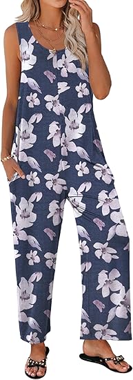 Ekouaer Sleeveless Jumpsuits for Women Casual Summer Scoop Neck Tank Rompers Wide Leg Pants Overall Jumpers with Pockets