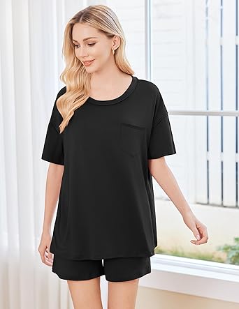 Ekouaer Women's 2 Piece Pajama Sets Short Sleeve Lounge Sets Soft Round Neck Top and Shorts Sleepwear