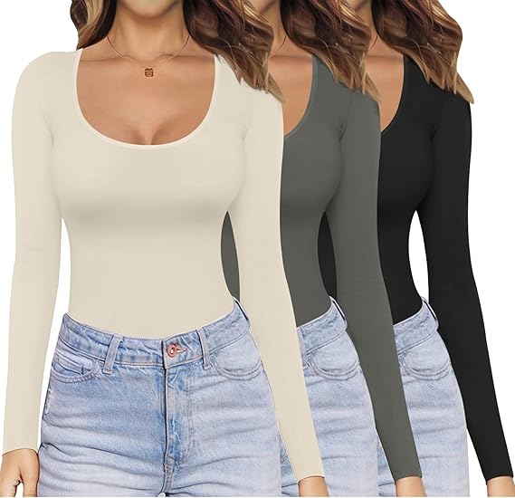 Ekouaer Women Long Sleeve Shirt Scoop Neck Tops Slim Fit Basic Top Thermal Undershirts Base Layer Tee
