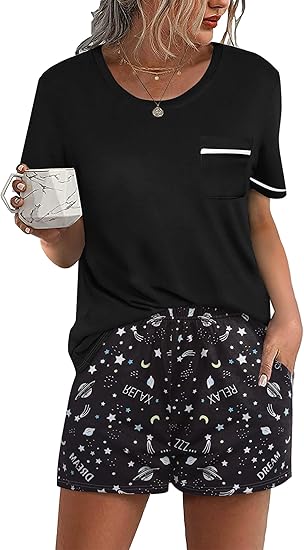 Ekouaer Womens Pajamas Sets Shorts 2 Piece Short Sleeve Lounge Sets Round Neck Sleepwear Soft Pjs with Pockets