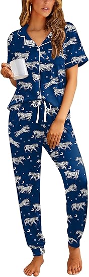 Ekouaer Women Pajama Set Short Sleeve Button Down Pjs Soft Comfy Sleepwear Nightwear with Jogger Pants