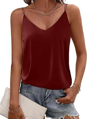 Ekouaer Womens Silk Satin Camisole Tank Tops V Neck Spaghetti Strap Blouses Cross Back Sleeveless Cami Shirt
