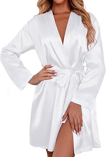 Ekouaer Women's Satin Robe Short Bridesmaid Bride Feather Bridal Robe Silky Long Sleeve Bathrobe