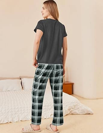 Ekouaer Pajama Sets for Women Round Neck Pjs Short Sleeve Sleepwear with Long Pants Loose Lounge Sets Black-pink Plaid XL