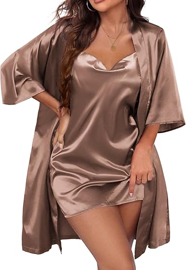 Ekouaer Women's Satin Robe Set Nightgown with Robes Silk Pajama Set 2 Pieces Lingerie Cowl Neck Cami Sleepwear Sets