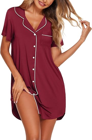 Ekouaer Womens Nightgown Button Down Sleepshirts Short Sleeve Sleepwear Boyfriend Nightshirts Pajama Dress