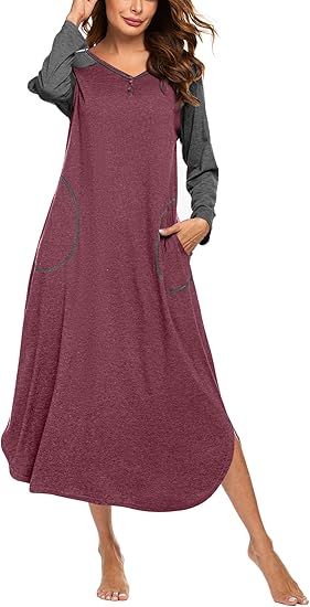 Ekouaer Women's Nightgown V-Neck Loungewear Long Sleeve Sleepwear Full Length Nightgown for Women