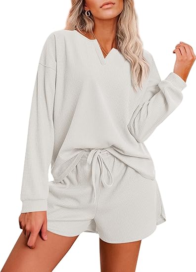 Ekouaer Pajama Set for Women Waffle Knit Lounge Sets Long Sleeve Top and Shorts Sleepwear Matching Loungewear