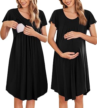 Ekouaer Nursing Nightown Labor and Delivery Gown for Hospital Pleated Breastfeeding Dress Short Sleeve Maternity Sleepwear