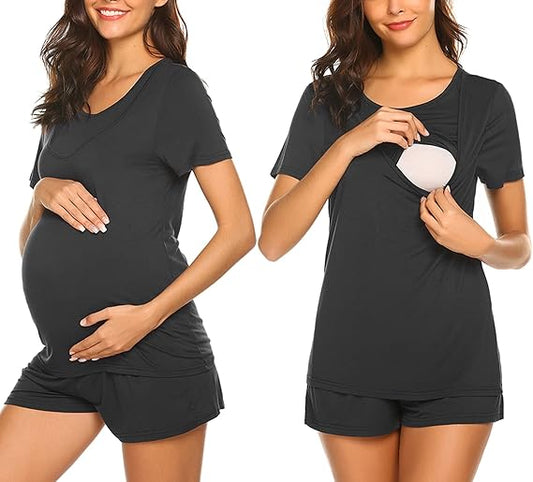 Ekouaer Maternity Pajamas for Hospital Set Short Sleeve Nursing Pajamas Breastfeeding Pregnancy Sleepwear