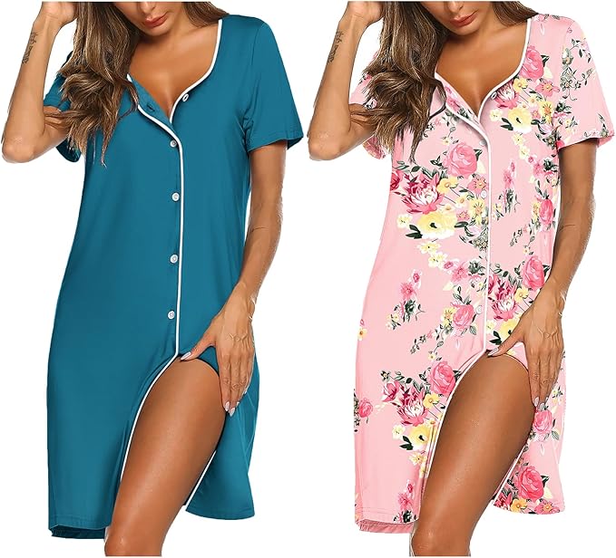 Ekouaer Nightgowns for Women 2 Pack Button Down Sleepshirt Short Sleeve Nightshirt Soft Sleepwear V Neck Pajama Dress