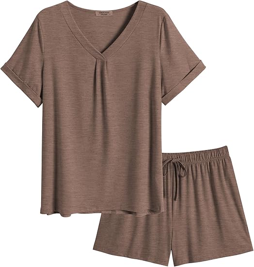 Ekouaer Pajamas Set Women's Short Sleeve 2 Piece PJ Sets V Neck Comfy Sleepwear Loungewear with Pockets