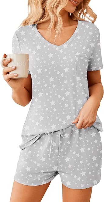 Ekouaer Womens Pajama Sets Short Sleeve Pajamas for Women Sets Soft Lounge Sets Casual V Neck Sleepwear PJS