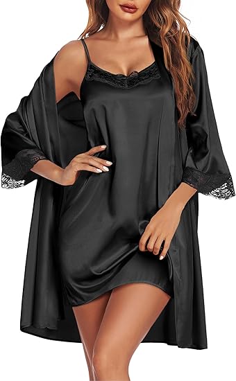 Ekouaer Sleepwear Women's Satin Nightgown with Robes Set 2 Piece Lace Cami Nightwear