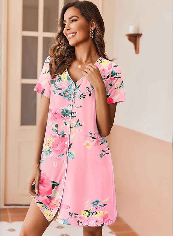 Ekouaer Nightgowns for Women 2 Pack Button Down Sleepshirt Short Sleeve Nightshirt Soft Sleepwear V Neck Pajama Dress