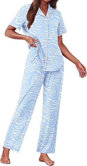 Ekouaer Women's Pajama Sets Button Down Loungewear Short Sleeve Sleepwear 2 Piece Pants Pjs Set with Pockets