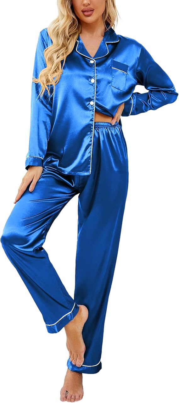 Ekouaer Women's Classic Button Down Long Satin Silk Pajama Set