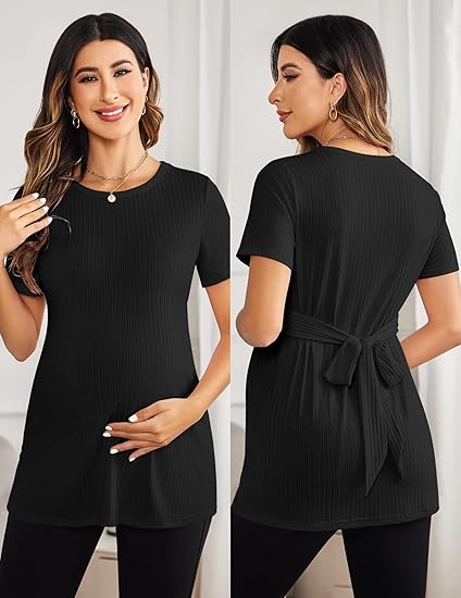 Ekouaer Maternity Tops Short Sleeve Pregnancy Shirts Tee Tunic Casual T Shirt Ribbed Knit Pregnant Clothes