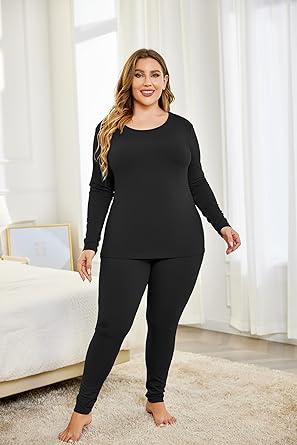 Ekouaer Women Plus Size Thermal Underwear Set Soft Long Johns Sets Light Fleece Lined Base Layer Top & Bottom Pajama Set