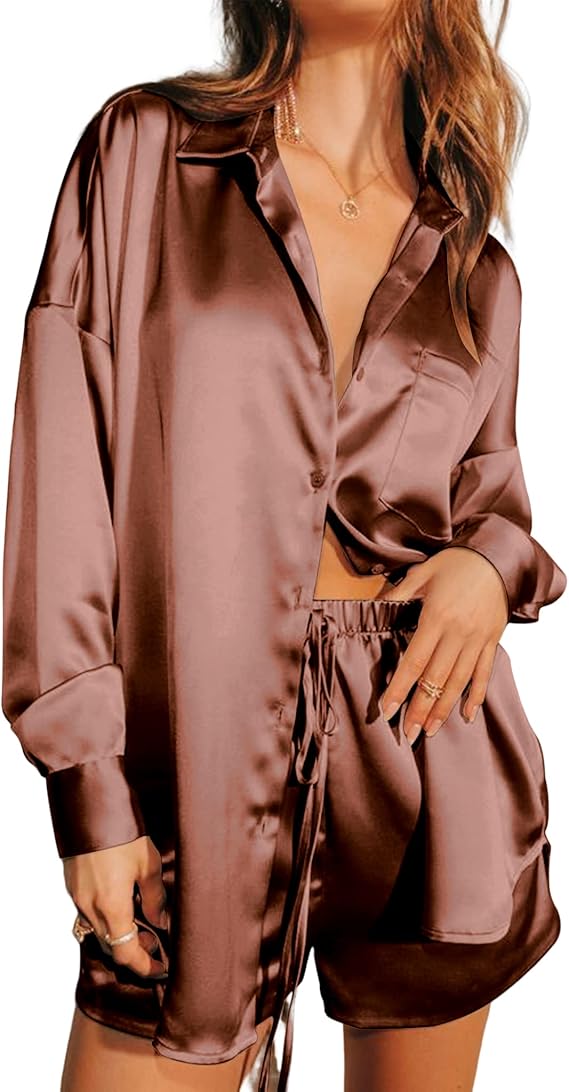 Ekouaer Womens 2 Piece Satin Pajama Set Long Sleeve PJs Sets Button Down Lounge Sets Soft Sleepwear Set