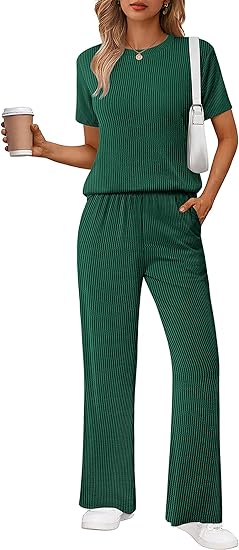 Ekouaer Lounge Sets for Women 2 Piece Matching Travel Outfits 2026 Loose Short Sleeve Top Wide Leg Pants Pockets