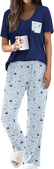 Ekouaer Pajama Sets for Women 2 Piece Short Sleeve Pj Sets With Long Printed Pants Sleepwear Casual Lounge Sets