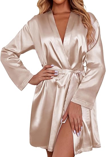Ekouaer Women's Satin Robe Short Bridesmaid Bride Feather Bridal Robe Silky Long Sleeve Bathrobe