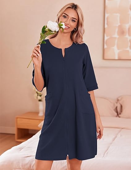 Ekouaer Zip Up Robes for Women Short Waffle Bathrobe Lightweight Knee Length Housecoat with Pockets Nightgown