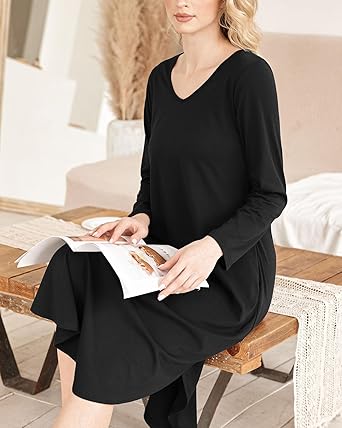 Ekouaer Womens Nightgown V Neck Nightshirts Long Sleeve Sleepwear with Pockets